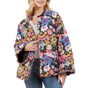 Quilted Floral Print Sherpa Lined Jacket Bell Sleeve BOHO Cottagecore Size Large